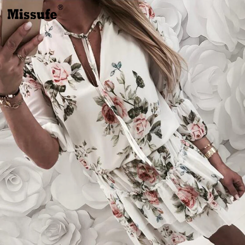 Missufe, платье с оборками, женское, цветочный принт, повседневное, бохо, сарафан, Vestidos, женское, Украина, мини, Пляжное, летнее платье