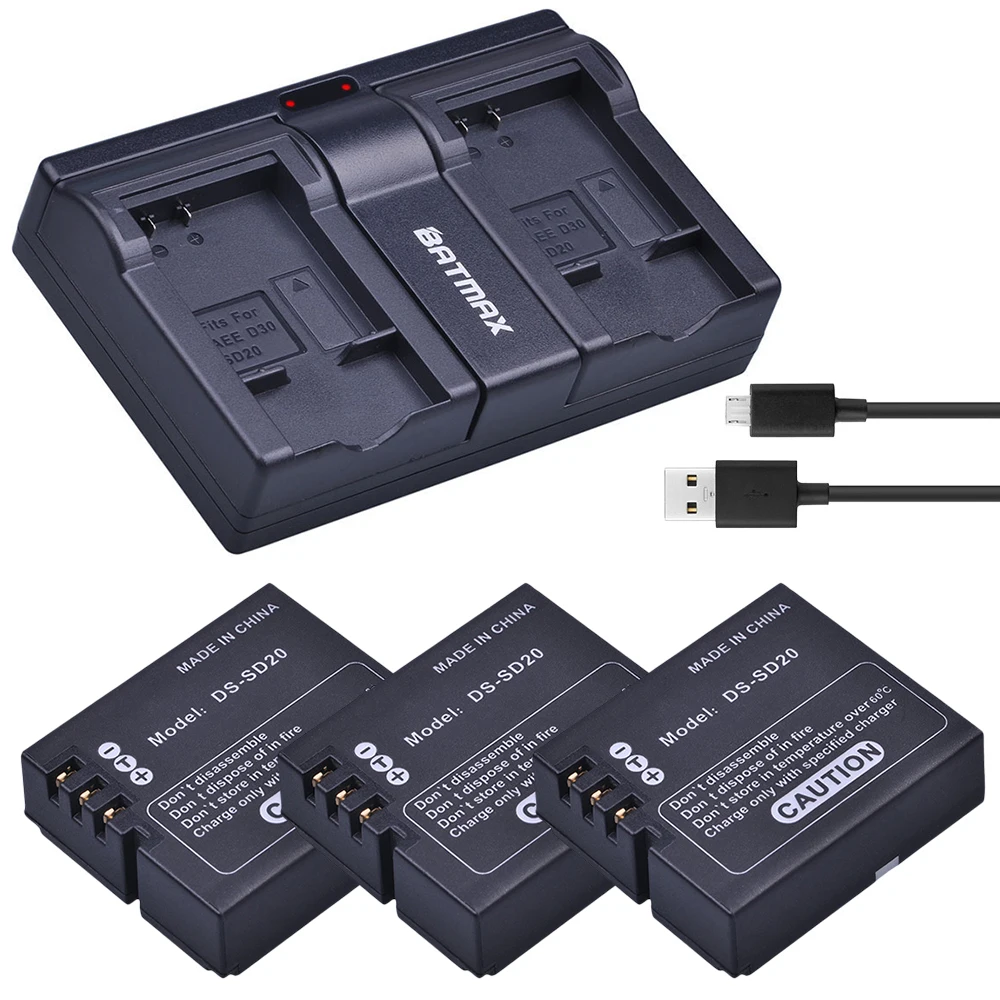 Аккумулятор Batmax 3Pc DS SD20 + двойное зарядное устройство USB для Rollei 3S 4S ActionPro SD20F WiF