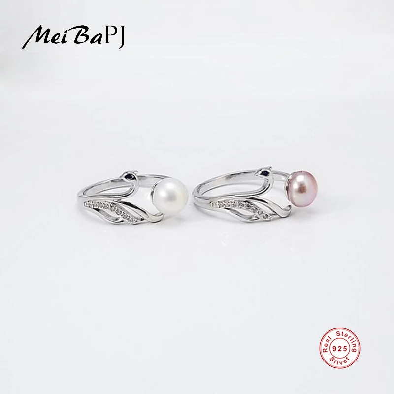 [MeiBaPJ] Simple Fashion 925 Sterling Silver Swan Ring Natural Freshwater Pearl for Women Fine Charm Jewelry Gift Box | Украшения и