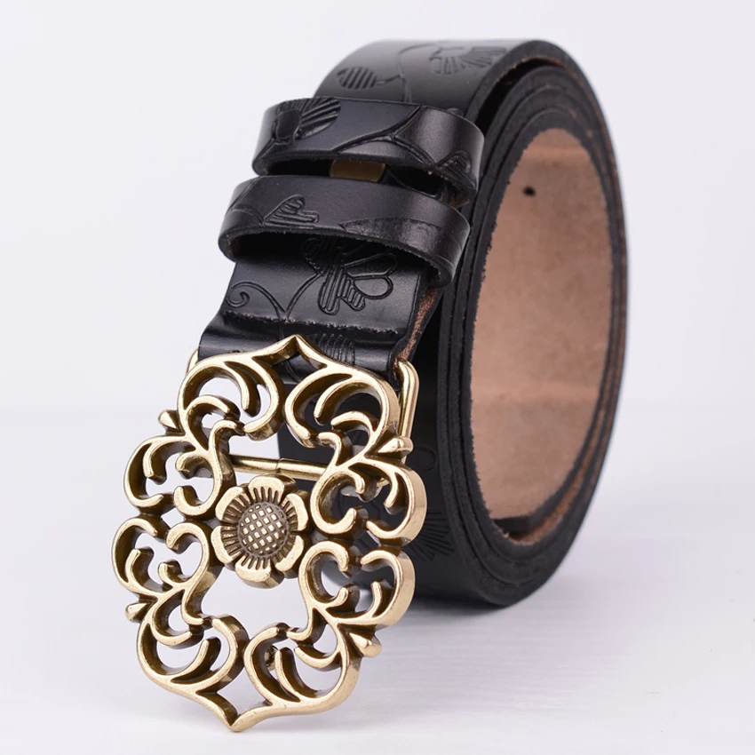 Ремень из натуральной кожи Женский модный винтажный пояс с цветочной пряжкой