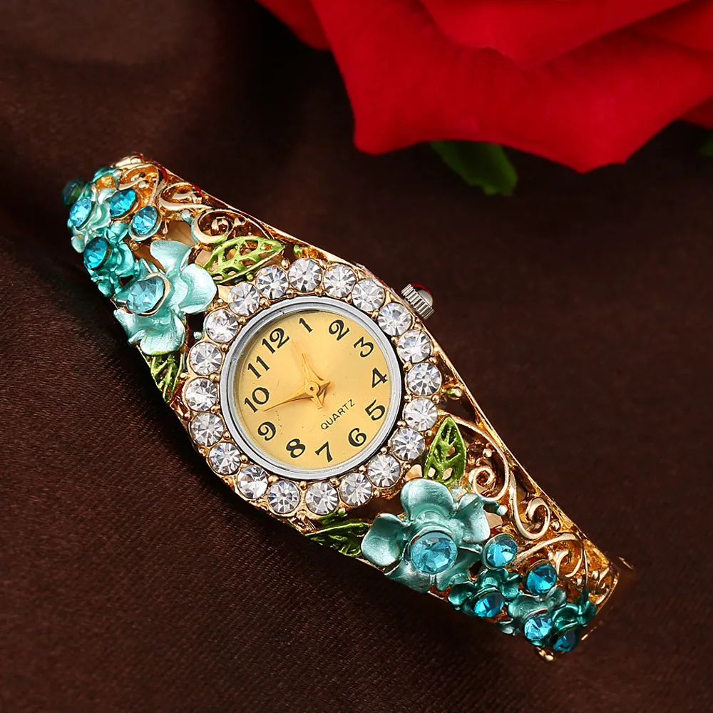Montre, роскошный браслет с цветами, часы для женщин, сплав, ремешок для часов, кварцевые часы, женское платье, Кристальный циферблат, наручные часы для девушек# Zer