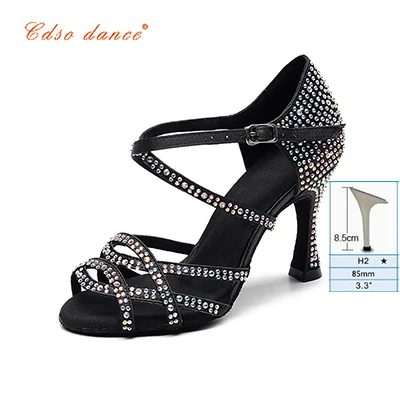 Black 8.5cm heel Cdsodance female black satin Latin dance shoes women's Rhinestones Salsa party Wedding shoes10cm high heeled soft outsole - Цвет: Black 8.5cm heel