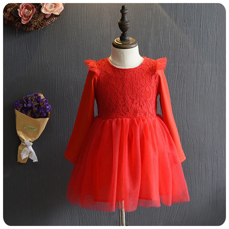 Korean Girl Children's Garment 2016 Autumn New Product Lace Yarn Split Joint Dress Children Princess  Full Dress