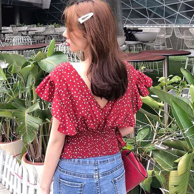 Женская шифоновая блузка в горошек с оборками и V образным вырезом|Блузки| |