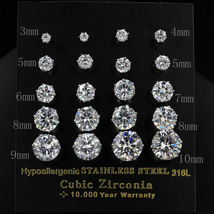 Роскошные стальные антиаллергенные серьги, 10 пар/карта разного размера, круглые серьги из нержавеющей стали с кубическим цирконием, наборы женских сережек - Окраска металла: Mix Size