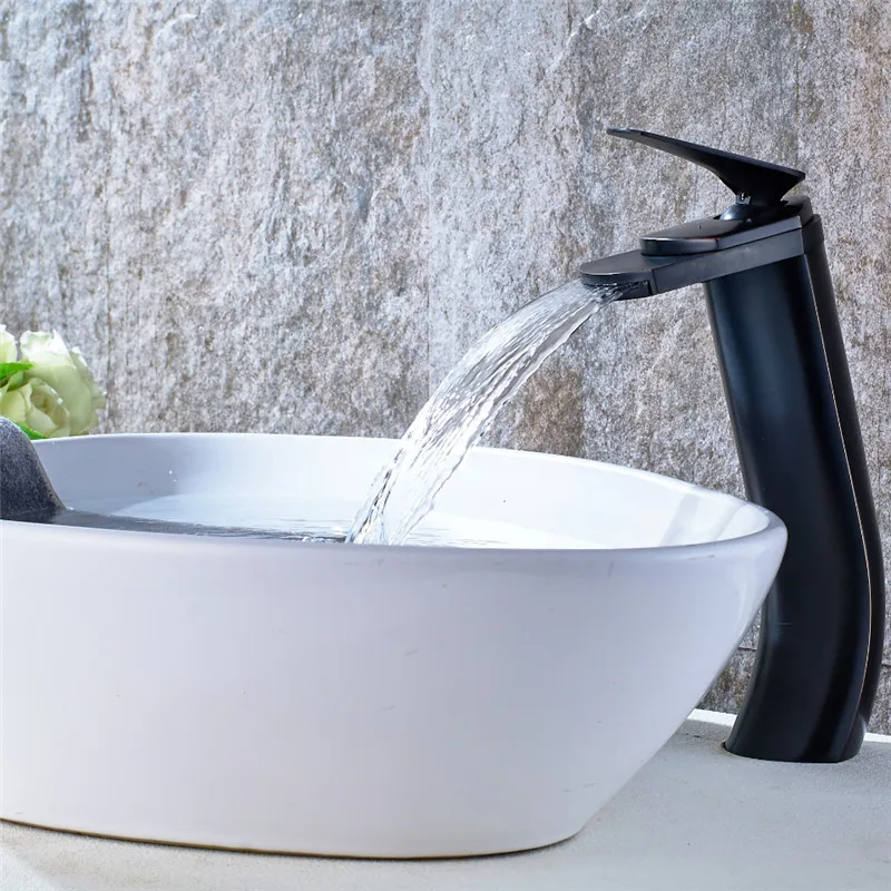Медный корпус черный античный водопад смеситель для раковины холодной и горячей