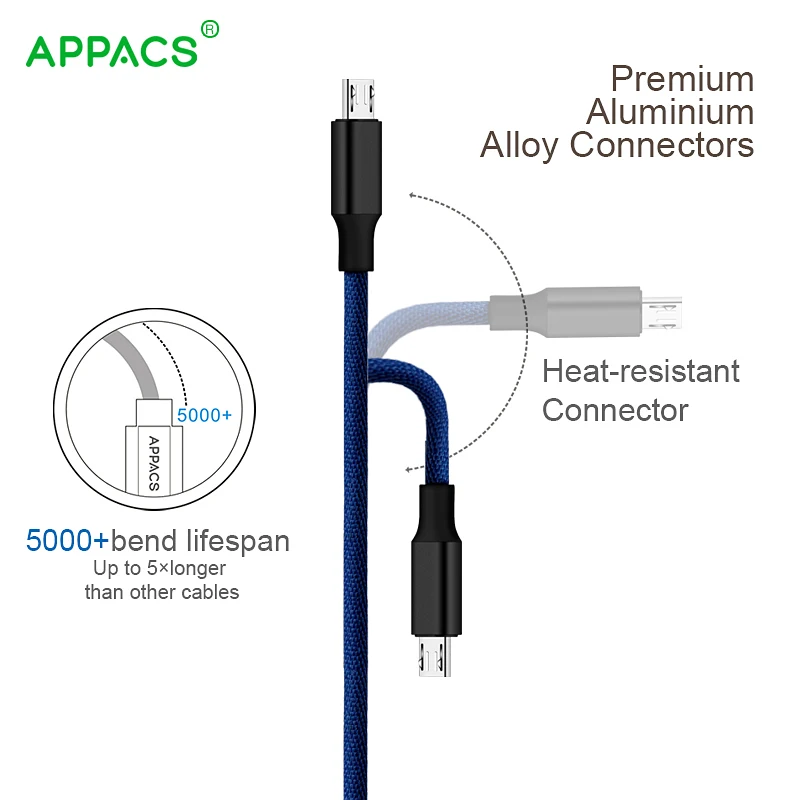 APPACS нейлоновый Плетеный Micro USB 2 0 кабель для синхронизации данных 5V2.1A Быстрая