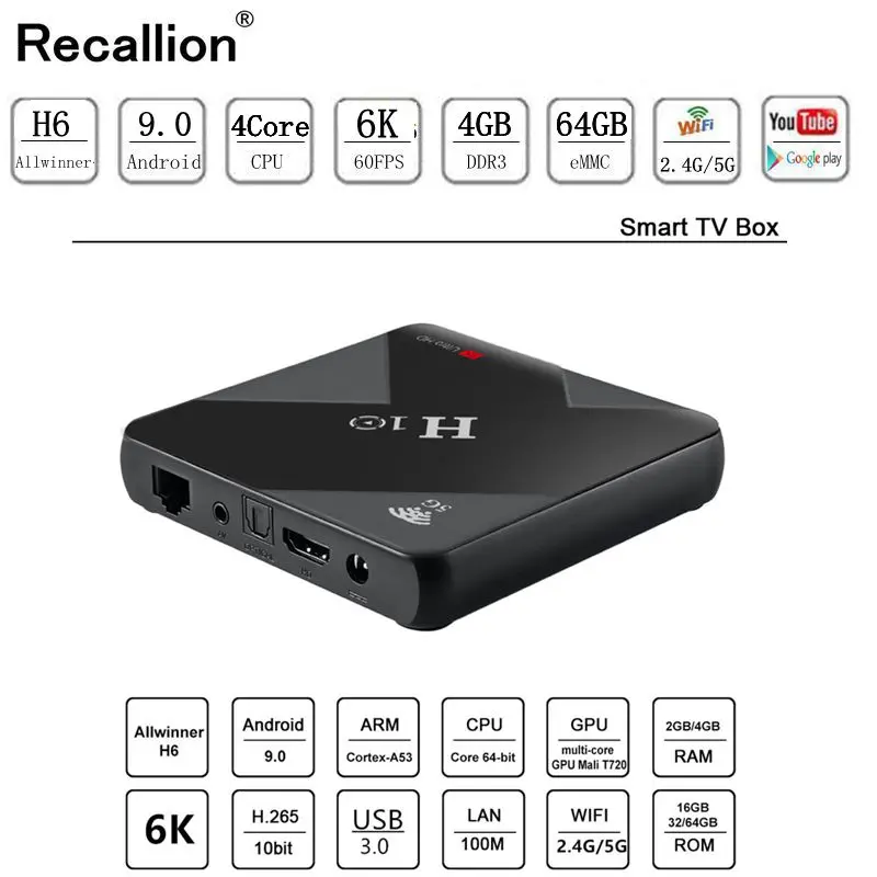 Оригинальный H10 Смарт ТВ приставка Android 9 0 4GB Ram 32G 64G Rom 6K USB3.0 Allwinner H6 Cortexa53