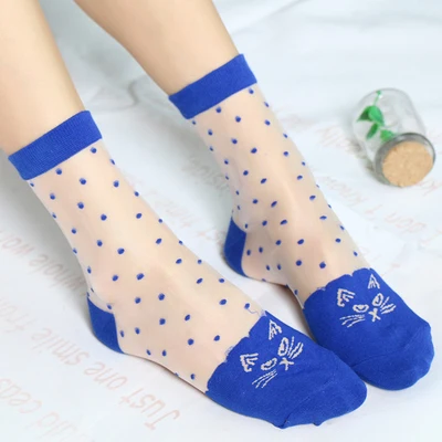 blue 2 пары/партия, женские летние корейские носки в стиле Лолиты с милым котом, маленькие точки, носки для лодок, женские милые ультратонкие прозрачные короткие шелковые носки Bas Meias - Цвет: blue