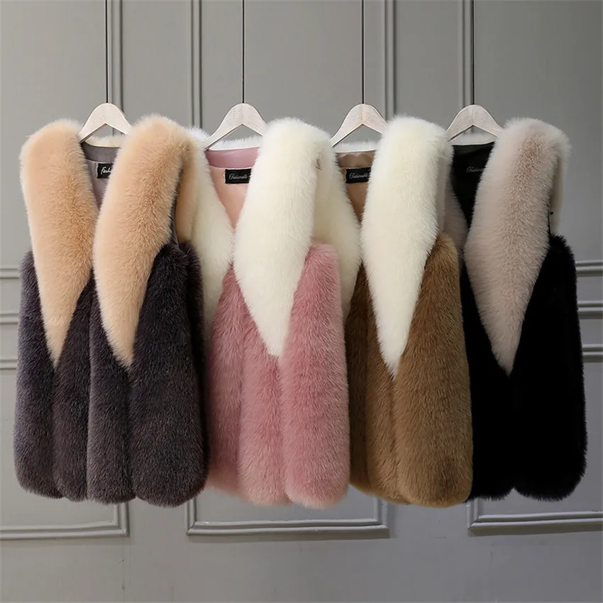 Women Faux Fox Fur Big Size Faux Fur Slim Female Fake Fur Vest Lady Winter Thick Sleeveless Coat Casual Party Jacket Coats WZ567