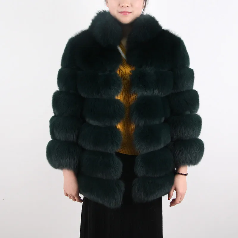 dark green QIUCHEN PJ5073, высококачественное Женское пальто с натуральным лисьим мехом, натуральная короткая меховая накидка, длинные рукава с воротником - Цвет: dark green