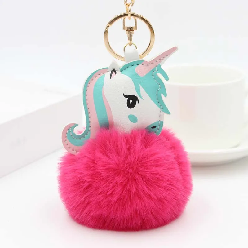 

New Fashion Anime Horse Toy Cute Leather Unicorn KeyChain Plush Toy Pendant Women Fluffy Fur Pom Pom Keyring Bag Hang Plush Toy