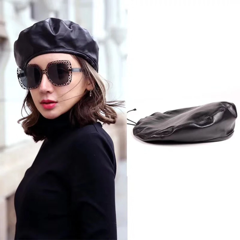 Шапки береты из искусственной кожи сезон зима осень шапка с черепом женская