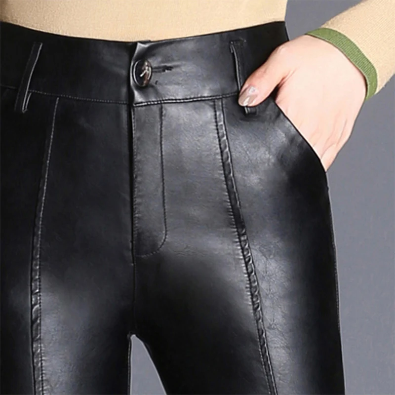 

SHERAN Fashion Leather Pants Women's High Waist Flare Pants Black Slim Thin Faux Leather Casual Trousers Winter Clothes Women