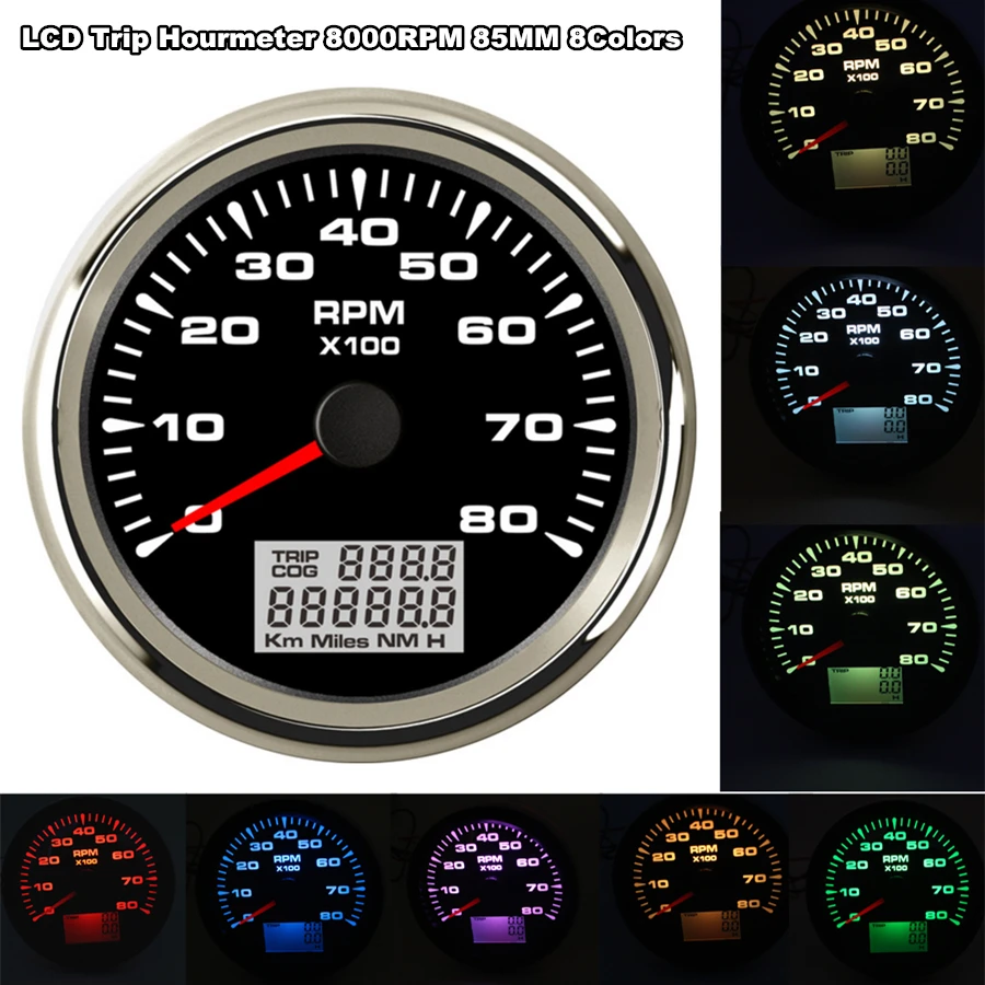 85mm Tachometer 8K RPM Vessel tacho Gauge with Hourmeter 8 color Backlight for Auto Car Marine Yacht Vehicle Boat Gauges | Автомобили и