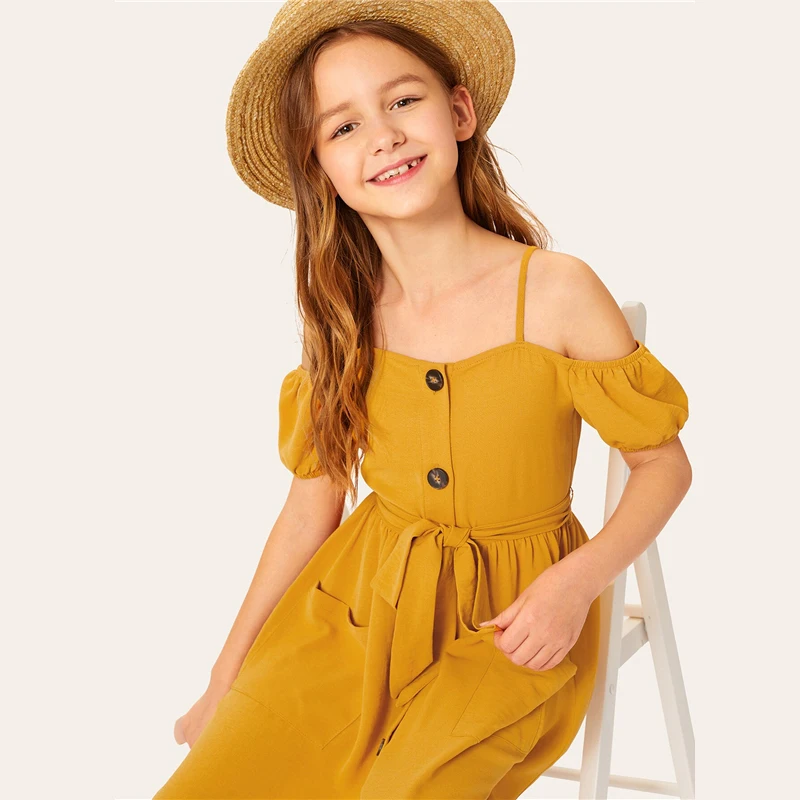 SHEIN/детское однотонное платье для девочек с открытыми плечами и одной пуговицей спереди, с поясом, платье в стиле бохо,, летние платья миди с короткими рукавами для отдыха