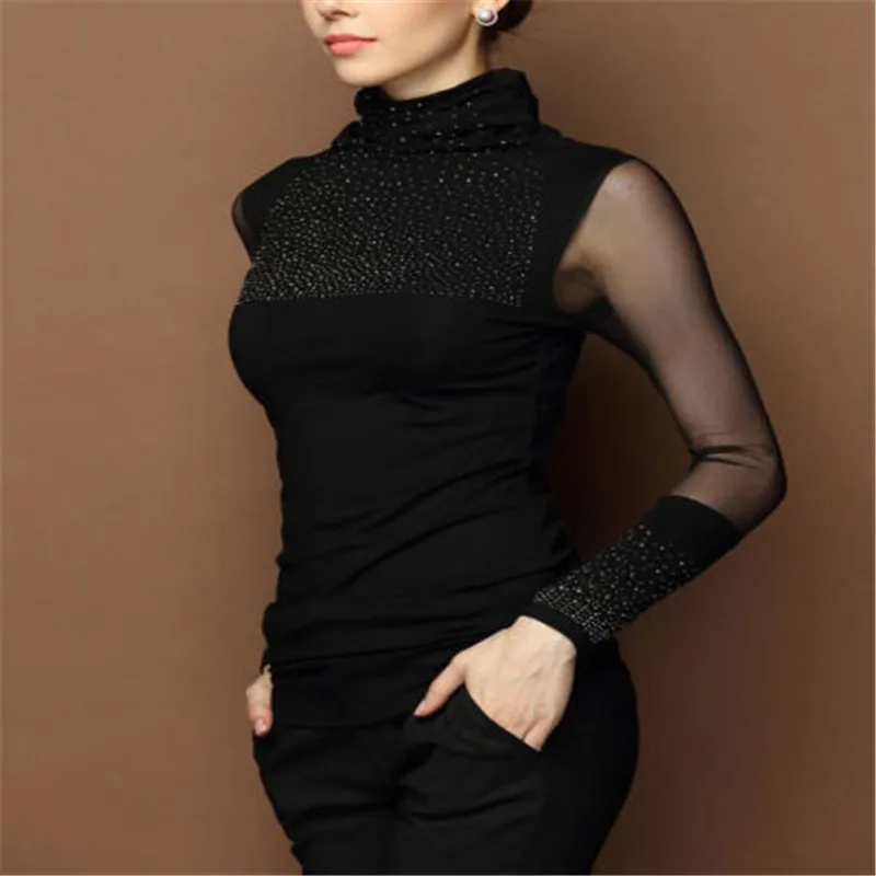 women's long sleeve weave Flim fit hot drilling base shirt turtleneck sweater size S-XXXL | Женская одежда