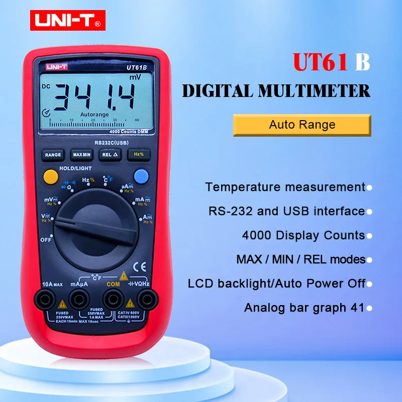 UT61B UNI-T Digital Multimeter Auto Range RS232 USB PC Software Data Hold Temperature Auto Power Off Best Accuracy 1% Multimetro