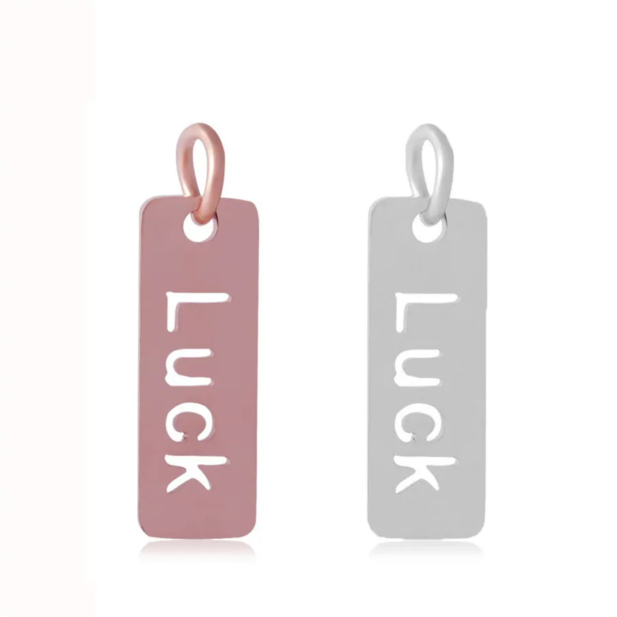 SAUVOO 2Pcs/lot Gold Color Stainless Steel Hollow Rectangle Charms Pendant Engraved Luck Letter Word Tag Charm For Diy Bracelet | Украшения