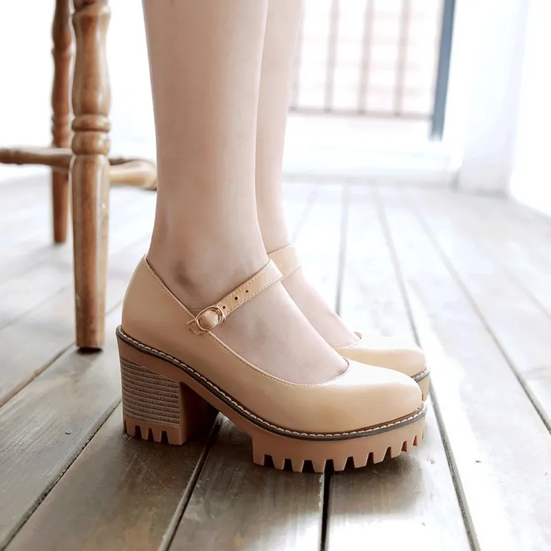 Pumps Spring and autumn The New fashion Round head Shallow mouth Buckle Thick heel High Women's shoes plus size 33-43 | Обувь