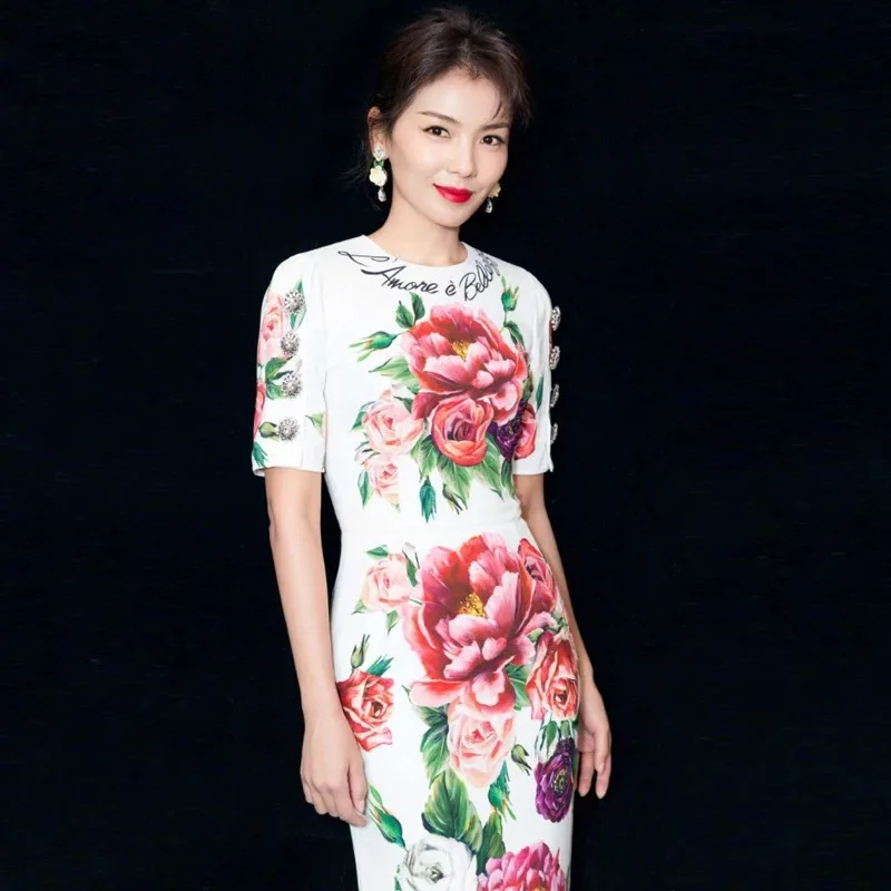 

HIGH QUALITY 2018 Designer Runway Dress Summer Women Elegant Letter Rose Print Short Sleeve Slim Bud Dress Female New Arrival