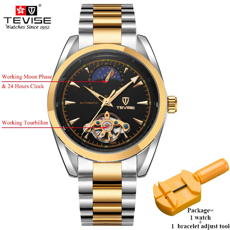 silver gold black Мужские автоматические наручные часы TEVISE из нержавеющей стали с турбийоном, автоматические механические часы 795 - Цвет: silver gold black