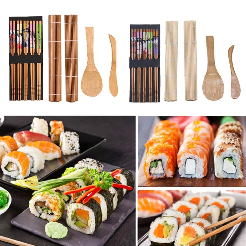Hoomall 5pcs/set Sushi Making Tool Kits Roll Cooking Tools Handmade Japanese Kitchen DIY Bamboo Maker Set Rice Mold |