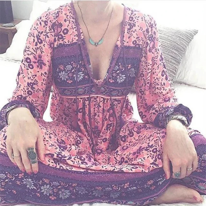 2017 Summer Tribe Style V Neck Bohemian Floral Print Long Sleeve Boho Dress Women Gypsy Ethnic Maxi Dresses | Женская одежда