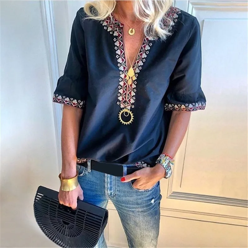 Purplish blue LISALA женская футболка Boho с принтом Топ короткий рукав v-образный вырез Футболка размера плюс 5XL - Цвет: Purplish blue