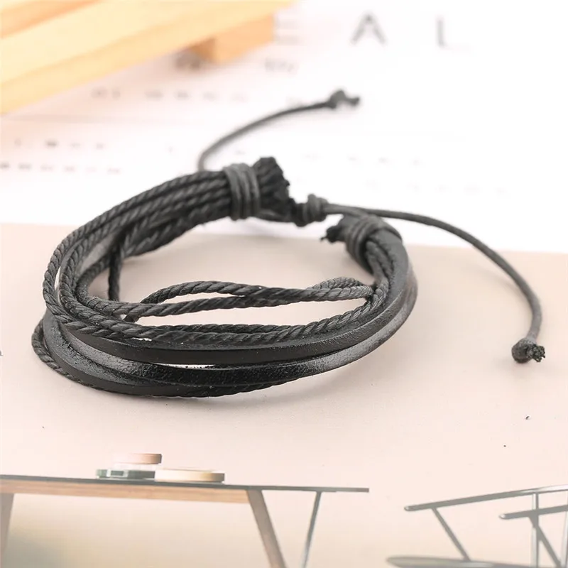Плетеные Многослойные черные коричневые кожаные браслеты с регулируемой
