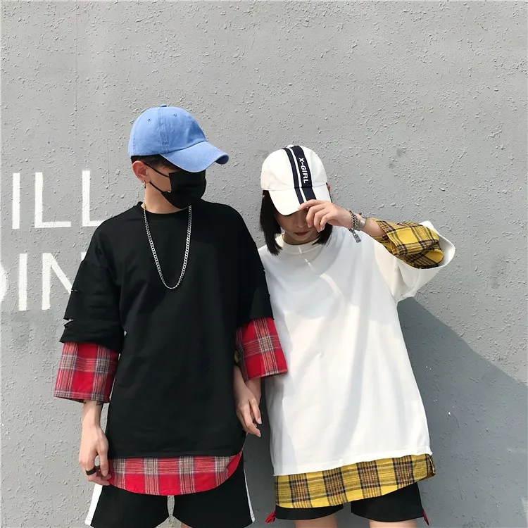 LAPPSTER летняя желтая клетчатая уличная футболка поддельные две части Harajuku Лоскутные футболки мужские Забавные футболки с длинным рукавом