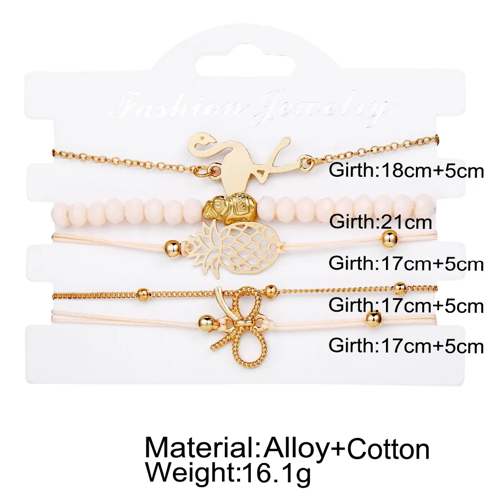 5 pcs/set Flamingo Elephant Hollow Pineapple Bowknot Charm Bracelets Set For Women Gold Color Beads Link Chain Bangles Jewelry | Украшения