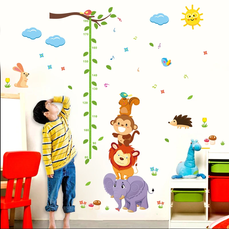 Настенная Наклейка с измерителем высоты животных для детской комнаты слон лев