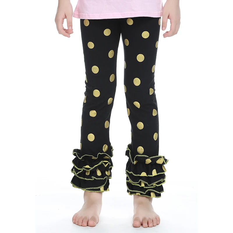 Леггинсы в горошек с оборками для девочек черные золотые блестящие штаны