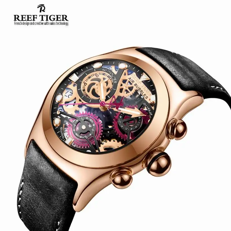 Мужские спортивные часы Reef Tiger кварцевые наручные с хронографом со скелетом