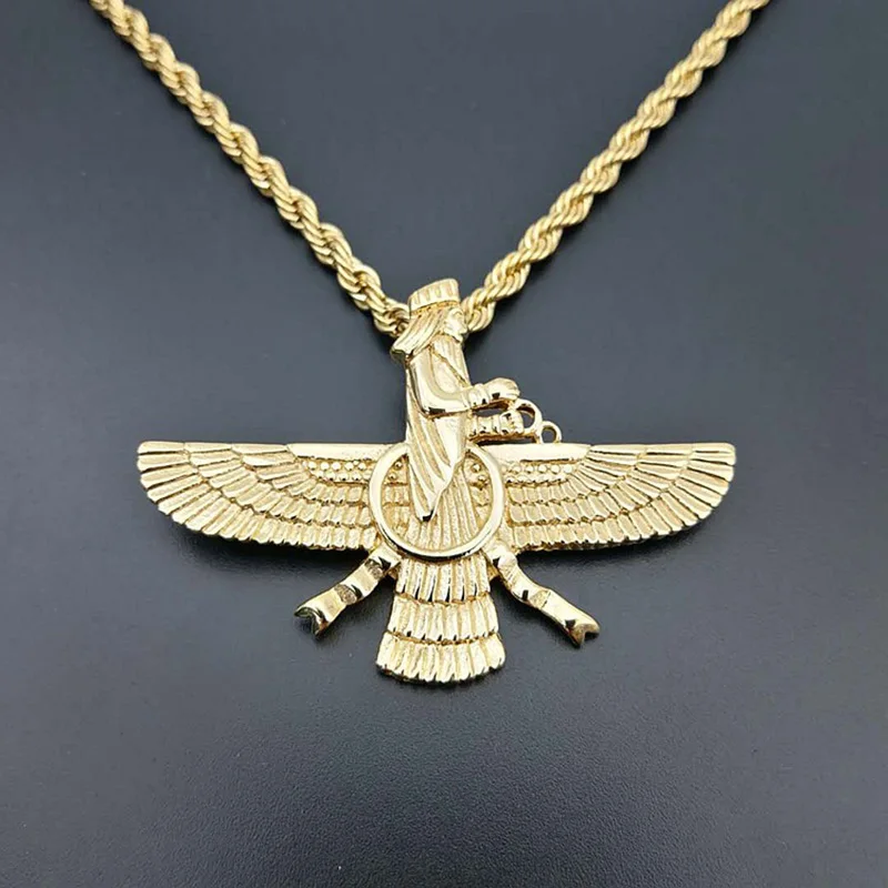 Hip Hop Rock Iran Faravahar Ahura Mazda Pendants Necklaces for Men Gold Color 316L Stainless Steel Zoroastrian Jewelry Gift