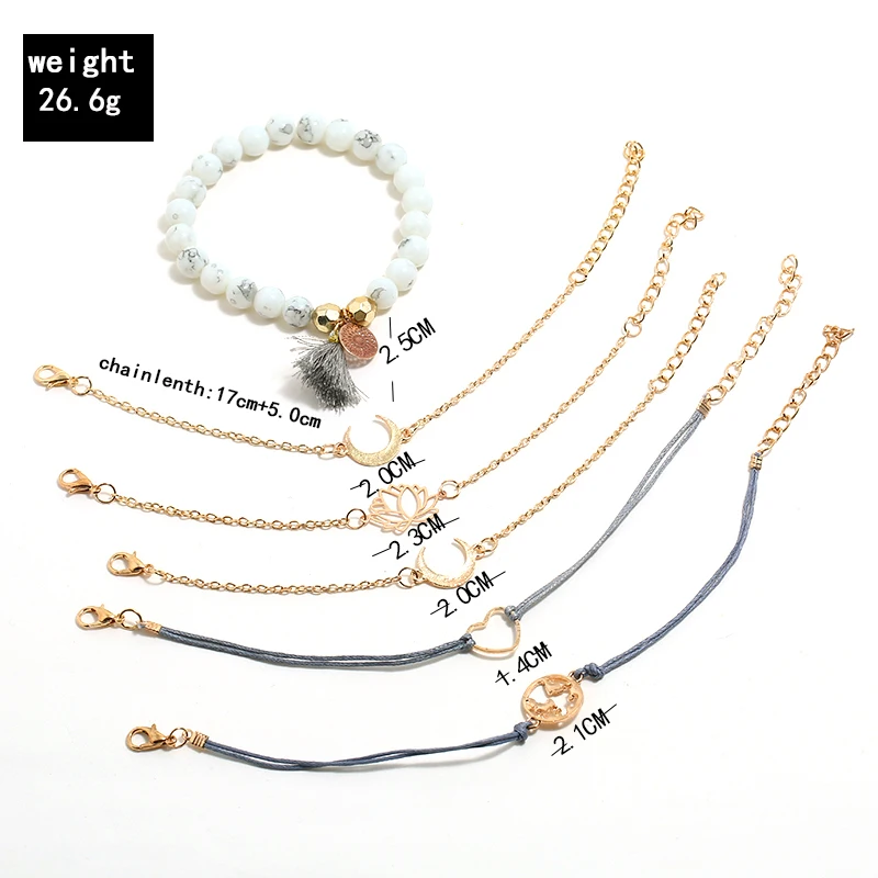 

WNGMNGL New 6pcs Heart Stone Tassel Moon Bracelets Set Drop Bracelets&Gold Bangle For Women Charm Statement 2019 Fashion Jewelry