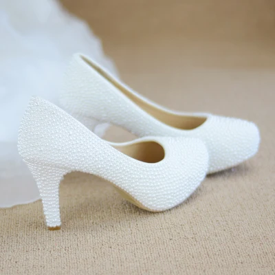 8cm spike heel Свадебные туфли, чистый белый жемчуг, высокий каблук, платформа, невесты, подружки невесты, туфли-лодочки, вечернее платье, большой размер 11, см 2 см, танкетка, удобная - Цвет: 8cm spike heel
