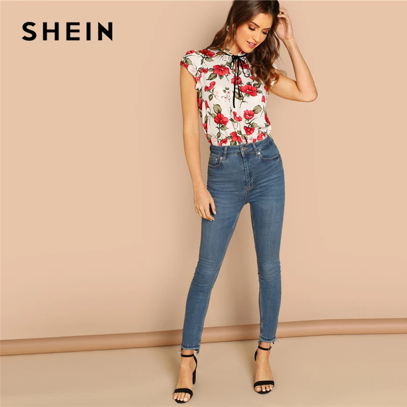 SHEIN Топ С Воротником-Бантом И Цветочным Принтом Женская Многоцветная Летняя Богемная Блузка Со Стоячим Воротником