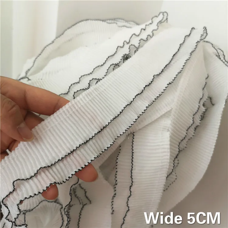 

5CM Wide White Double Layers Elastic Pleated Chiffon Lace Applique Ribbon Collar Skirt Cuffs Ruffle Trim Folded DIY Sewing Decor