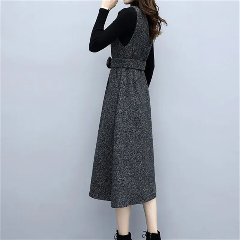 Female plus size suit 2019 spring autumn new retro strap dress + Knitted tops 2-piece fashion casual women clothing with belt |