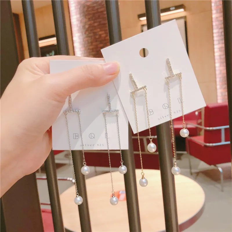 Корейские милые простые жемчужные длинные висячие серьги модные с кисточками
