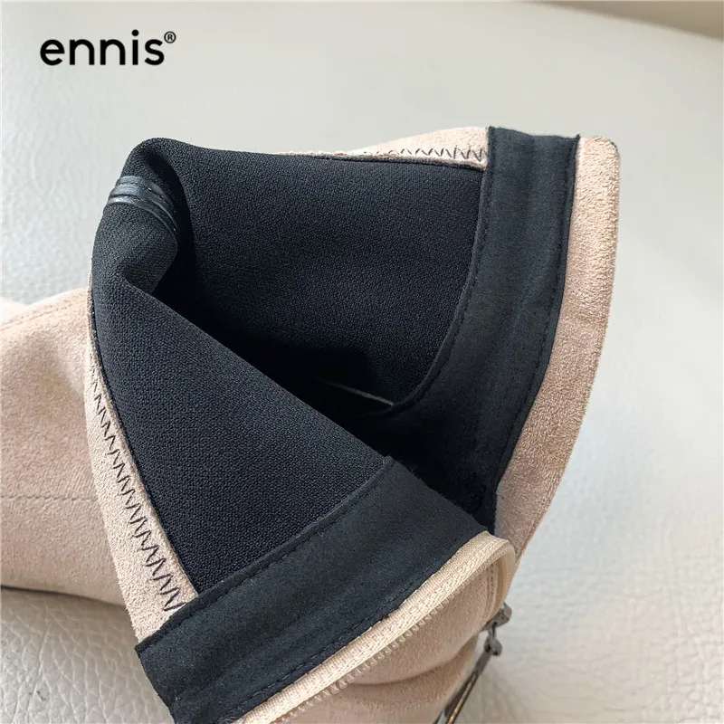 ENNIS/; осенние женские ботинки из флока; замшевые растягивающиеся ботильоны; женские ботинки с круглым носком на квадратном каблуке; модная обувь розового и черного цвета; A960
