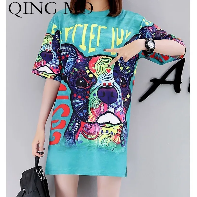 Turquoise QING MO платье-футболка с принтом летняя футболка с животными Женские повседневные топы размера плюс зеленое платье с коротким рукавом Femme QF627 - Цвет: Turquoise