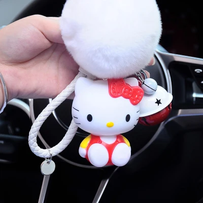 10 Cute Cartoon Hello Kitty Rabbit Fur Ball PomPom Pom Poms Keychain Women Leather Strap Metal Key Ring Chains Car Bag Charm D35B - Цвет: 10