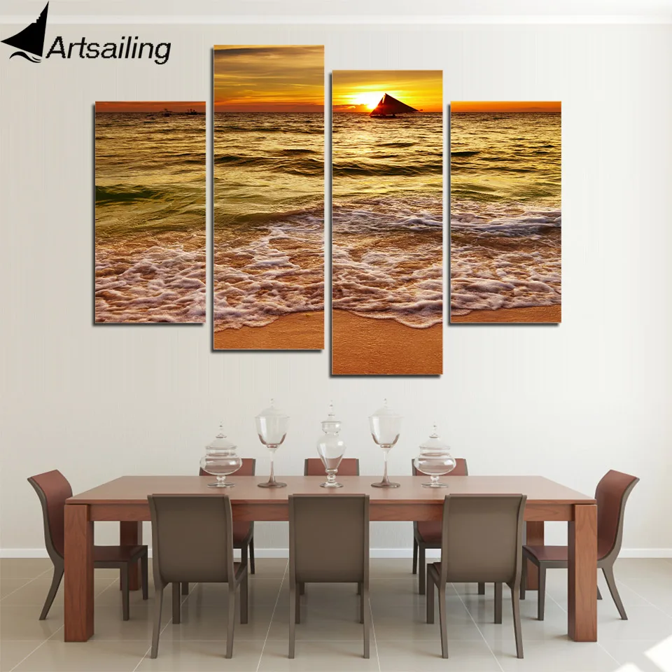 Картина на холсте artsail из 4 частей HD печать золотистый желтый морской пейзаж