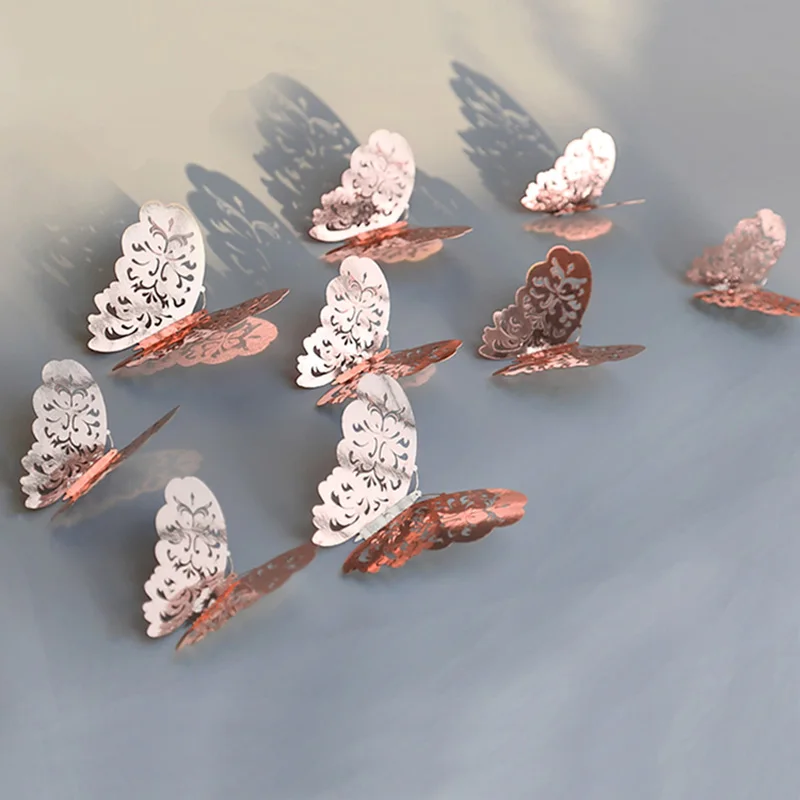 12Pcs/Set Rose Gold 3D Hollow Butterfly Wall Stickers For Home Beautify Butterflies Decals Party Wedding Decor Room Decoration