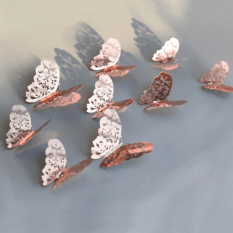 

12Pcs/Set Rose Gold 3D Hollow Butterfly Wall Stickers For Home Beautify Butterflies Decals Party Wedding Decor Room Decoration