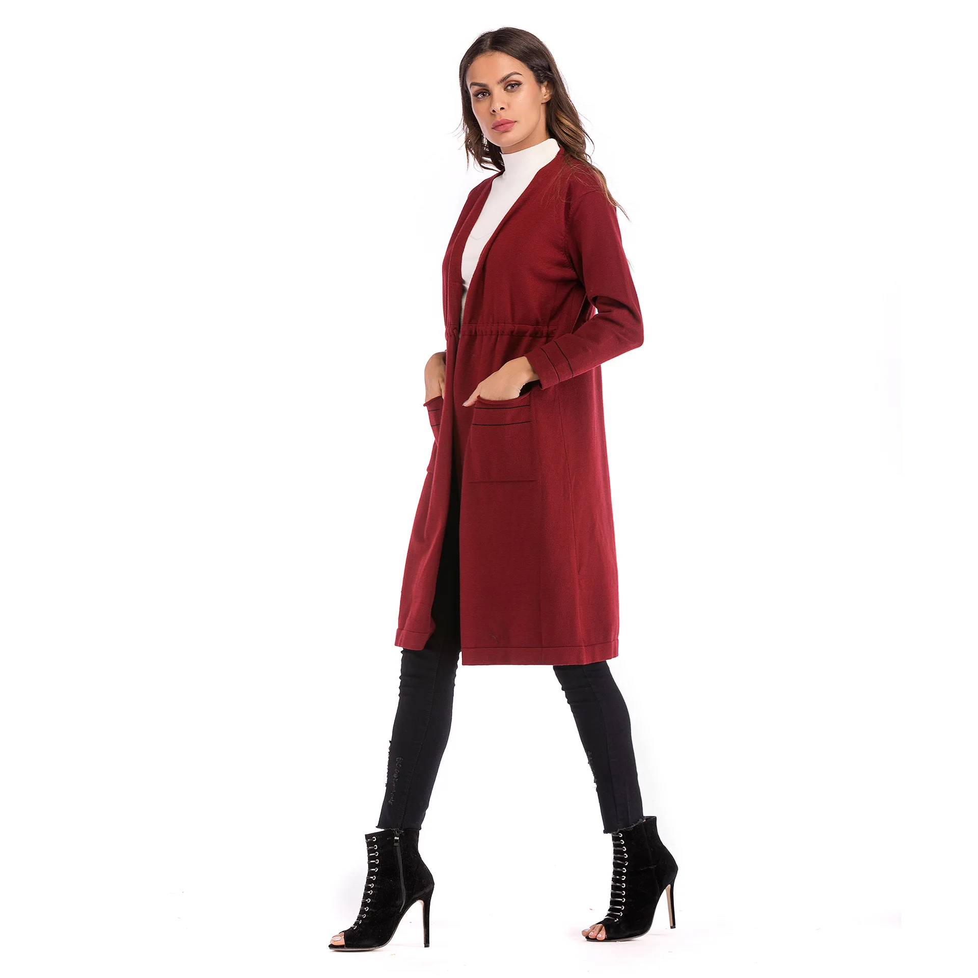 Womens Winter Open Front Split Stripe Belt Lace Up Pocket Knitting Sweater Long Cardigan Lady Autumn Cape Wrap Scarf Casual Coat |