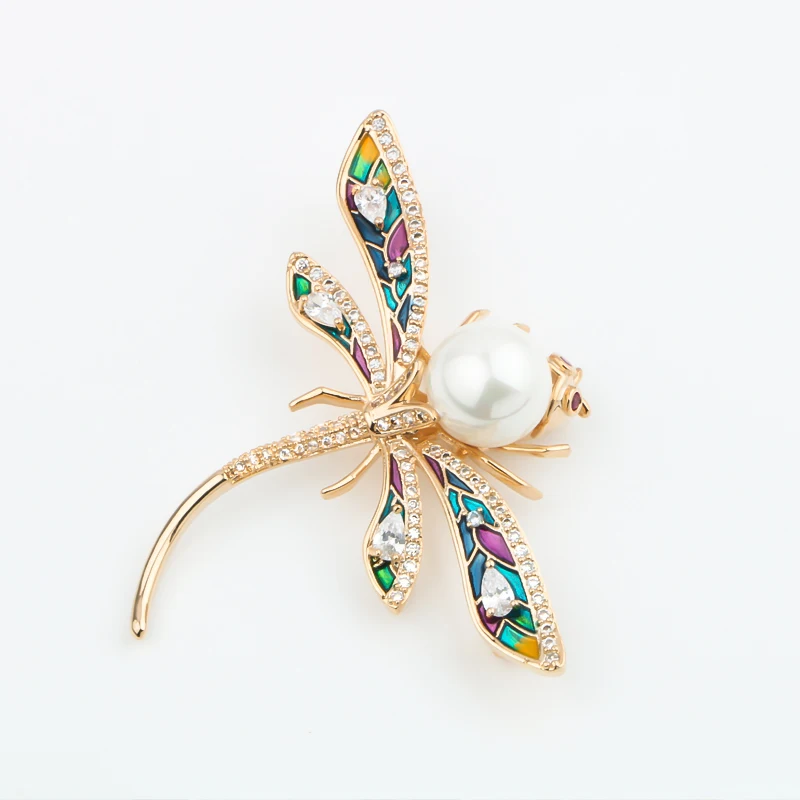 Корейская жемчужная брошь эмаль стрекоза горный хрусталь модные стилизованные